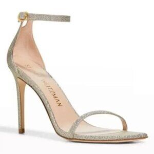 Stuart Weitzman Nudistcurve Strappy Silver Sandals Heels Sparkle Glitter Size 8